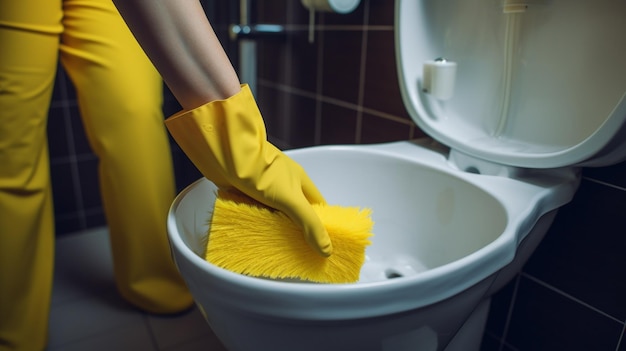 femme au foyer nettoyant la toilette avec une brosse et une éponge