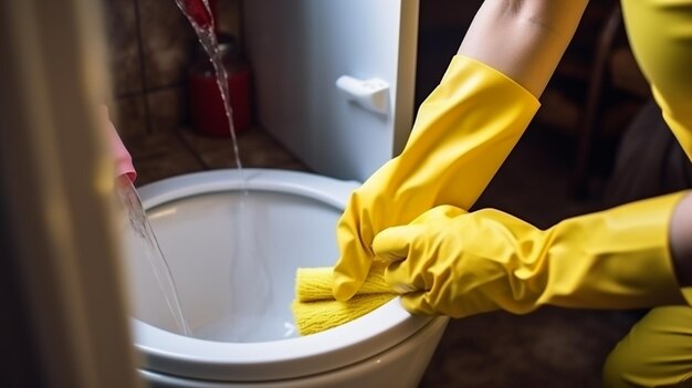 femme au foyer nettoyant la toilette avec une brosse et une éponge