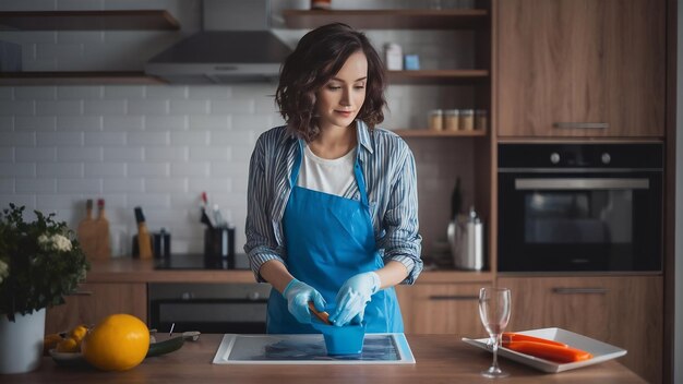 Photo une femme au foyer se réveille à la maison, une femme en chemise bleue, une femme qui nettoie la télévision.