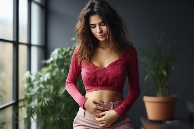 La femme au haut rouge et à la jupe rose