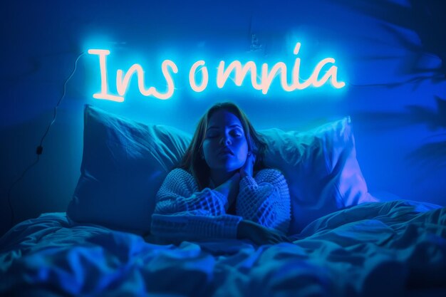 Femme au lit sous un panneau au néon orthographe Insomnie représentant les luttes contre les troubles du sommeil