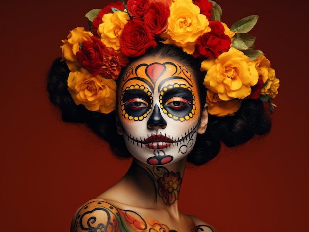 une femme au maquillage calavera vibrant célèbre le Jour des Morts