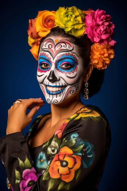 une femme au maquillage calavera vibrant célèbre le Jour des Morts