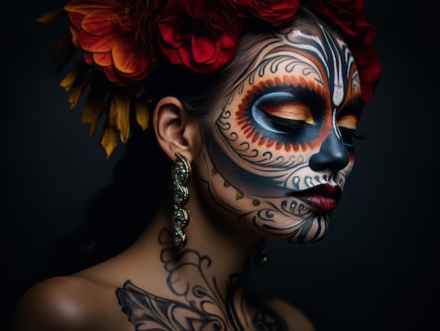 une femme au maquillage calavera vibrant célèbre le Jour des Morts