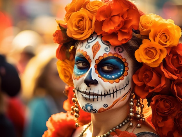 une femme au maquillage calavera vibrant célèbre le Jour des Morts