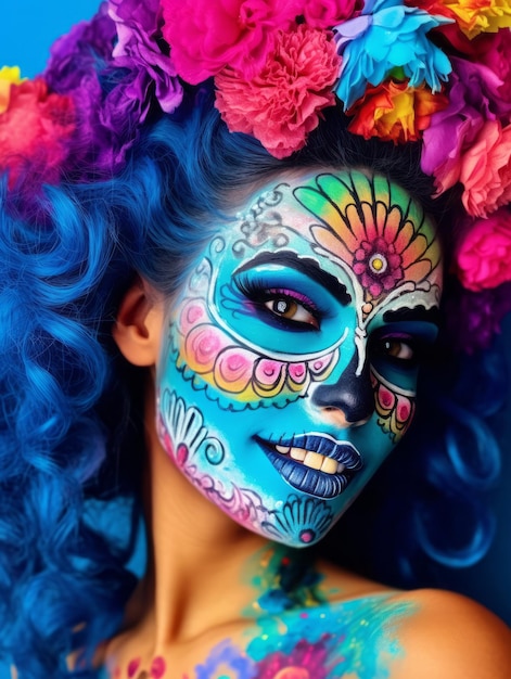 une femme au maquillage calavera vibrant célèbre le Jour des Morts
