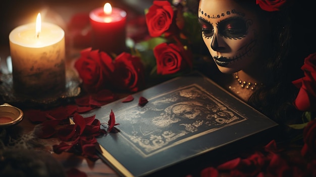 Une femme au maquillage de squelette lisant un livre