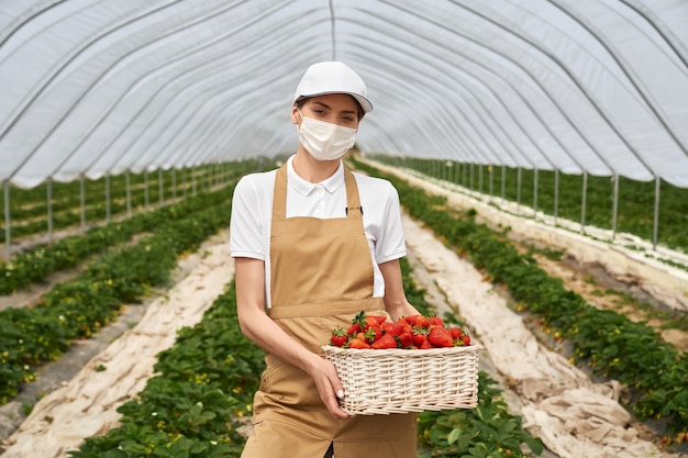 Femme au masque tenant un panier avec des fraises fraîches