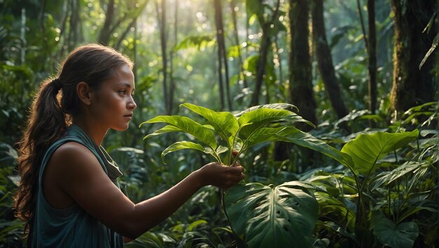 Une femme au milieu d'une jungle tropicale