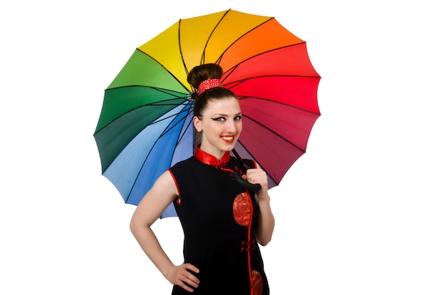 Femme au parapluie coloré isolé