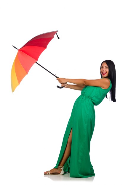 Femme au parapluie isolé sur blanc