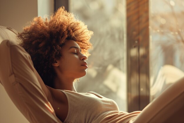 Une femme au soleil se repose et profite de la chaleur du matin