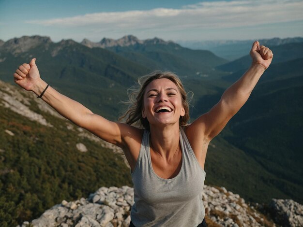 Une femme au sommet d'une montagne avec les bras ouverts.