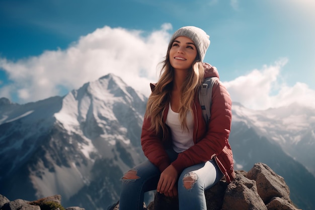 Une femme au sommet d'une montagne Conquérir le sommet généré par l'IA