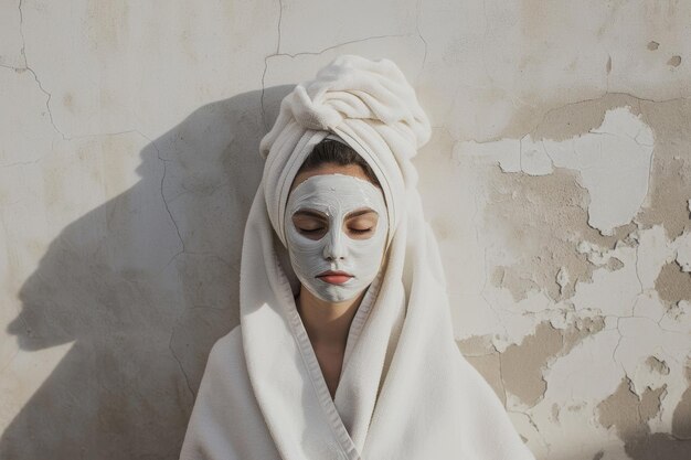 une femme au spa se détend avec des serviettes et un masque