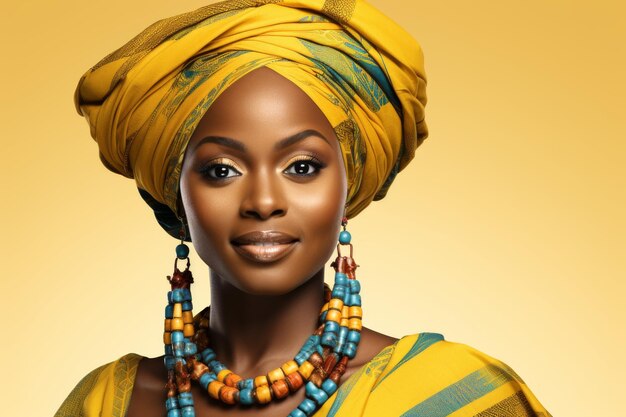Photo une femme au turban jaune et aux perles bleues