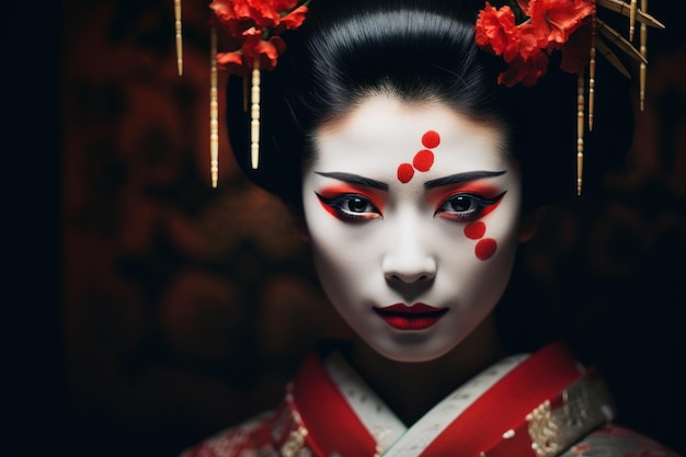 une femme au visage blanc et des fleurs rouges dans les cheveux