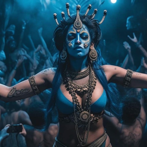 Une femme au visage bleu et une couronne sur la tête se tient devant une foule.