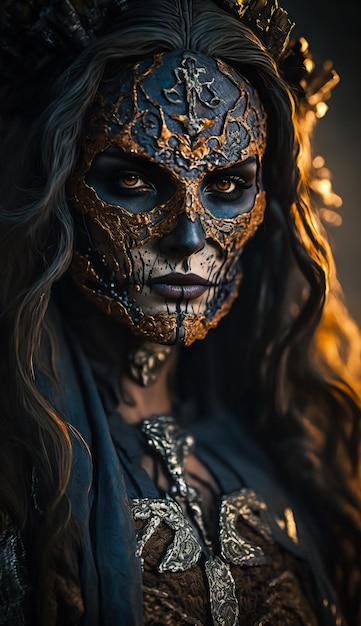 Une femme au visage doré et au masque noir et or.