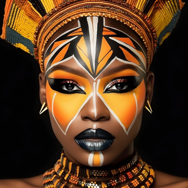 Une femme au visage peint comme une reine d'afrique.