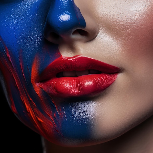 une femme au visage peint avec les couleurs du drapeau peintes sur son visage.