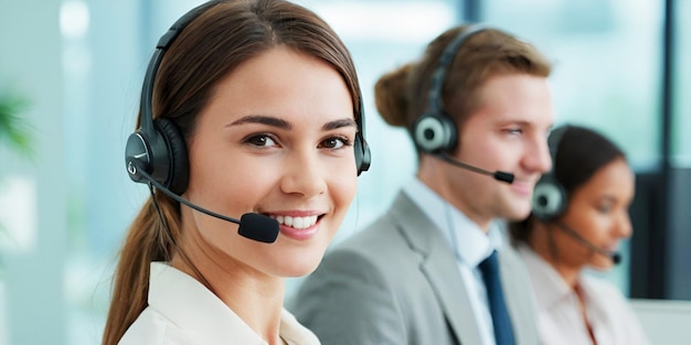 Une femme au visage souriant, une travailleuse du centre d'appels portant un casque de microphone au bureau.