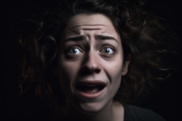 Photo une femme au visage surpris est représentée dans une pièce sombre.