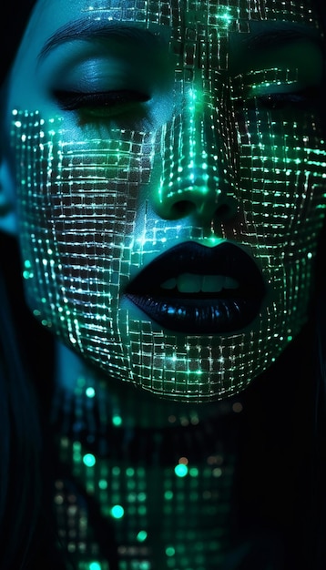 Une femme au visage vert et aux lèvres noires avec le mot robot sur le devant.