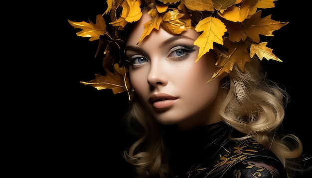 Femme d'automne avec couronne de feuilles d'érable d'automne sur fond noir