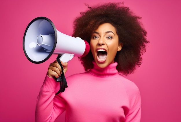 une femme aux cheveux afro tenant un mégaphone