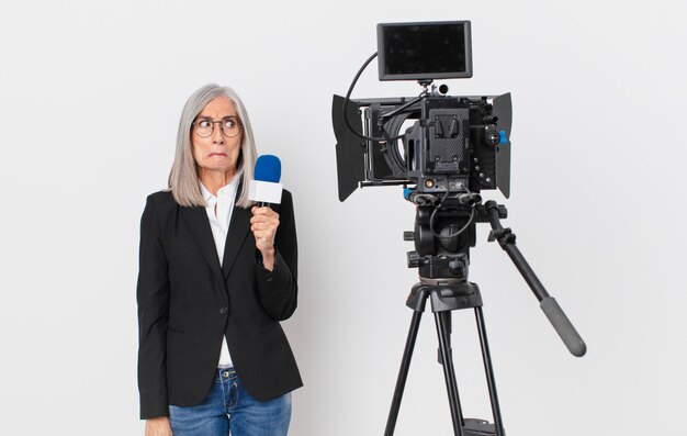 Femme aux cheveux blancs d'âge moyen se sentant triste, contrariée ou en colère et regardant sur le côté et tenant un microphone. concept de présentateur de télévision