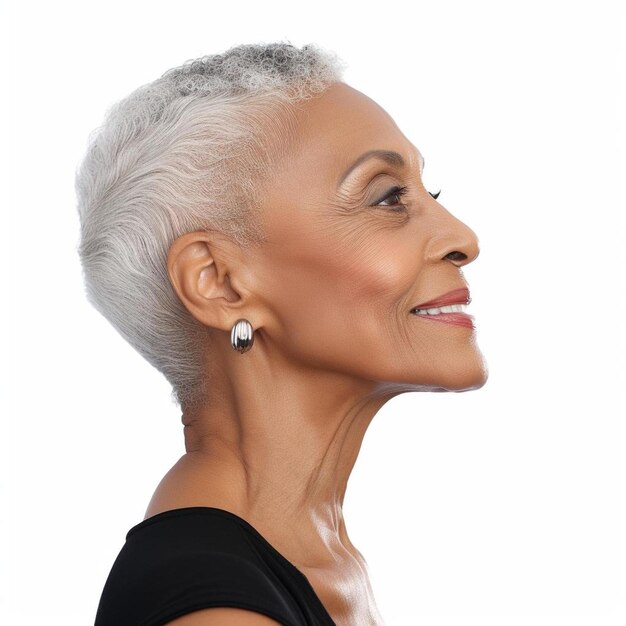 une femme aux cheveux blancs et aux boucles d'oreilles souriante