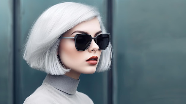 Une femme aux cheveux blancs et à lunettes se tient devant un mur de verre.