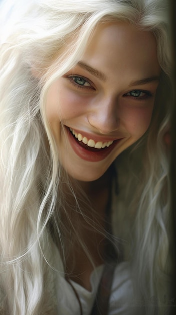 Une femme aux cheveux blancs et un sourire