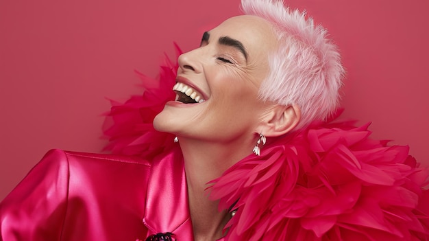 Photo une femme aux cheveux blancs et à la veste rose riant