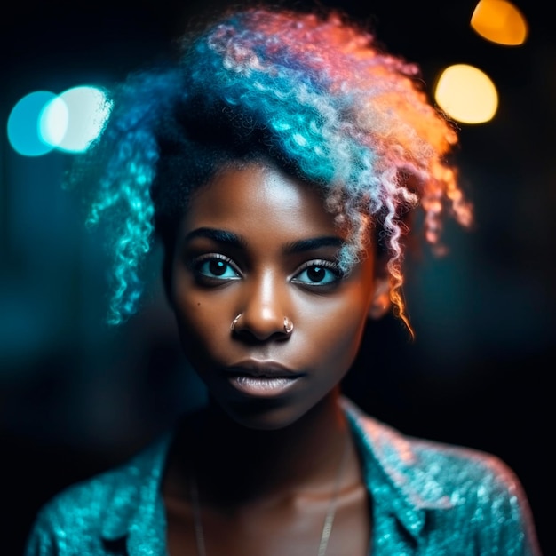 Une femme aux cheveux bleus et un anneau autour du cou