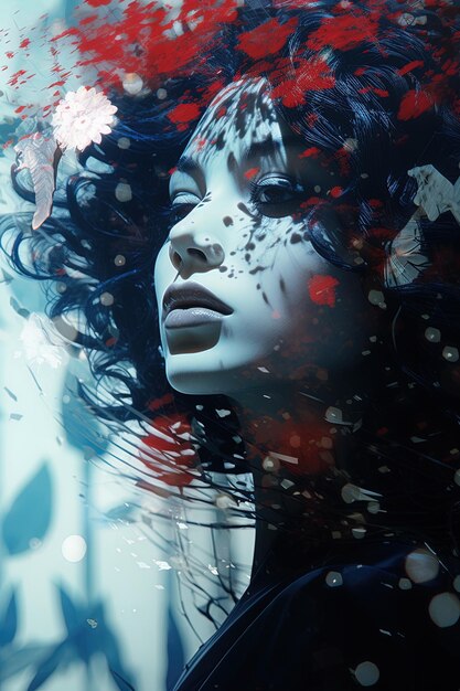 Photo une femme aux cheveux bleus et au visage rouge et blanc est dans l'eau.