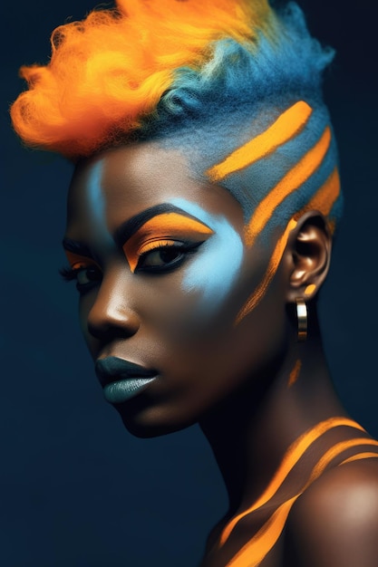 Une femme aux cheveux bleus et aux cheveux orange et jaunes