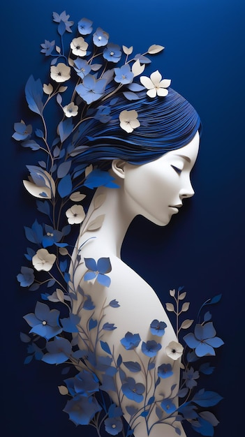 Une femme aux cheveux bleus et aux fleurs bleues sur la tête.