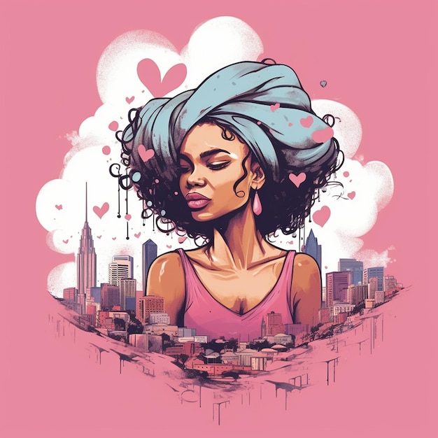 Une femme aux cheveux bleus et une chemise rose avec les mots " la ville " dessus.