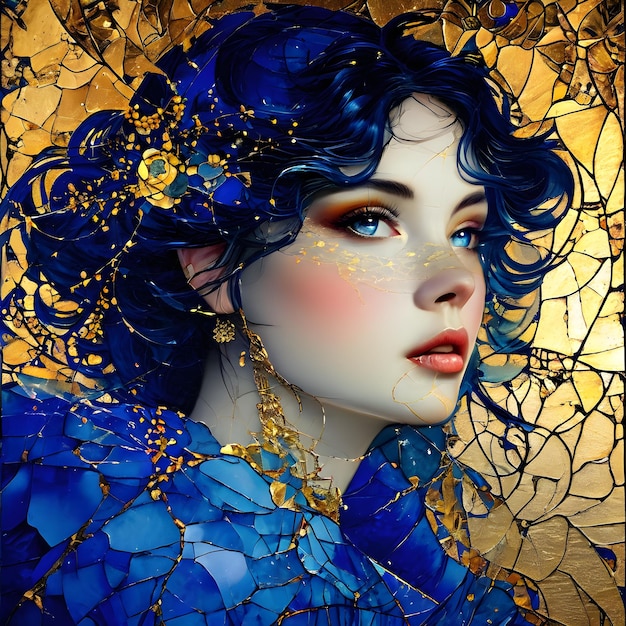 une femme aux cheveux bleus et un collier d'or est encadrée par un collier de perles bleues et d'or