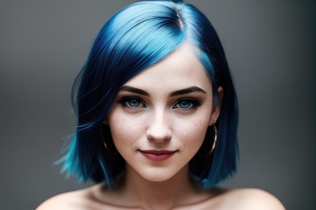 Une femme aux cheveux bleus et à la coupe bleue