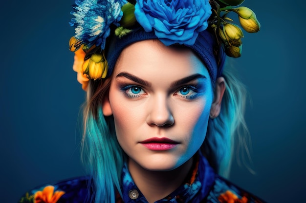 Une femme aux cheveux bleus et une couronne de fleurs sur la tête