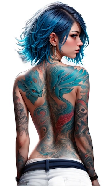 Photo femme aux cheveux bleus courts balayés d'un côté affiche une toile de tatouages racontant son histoire à travers