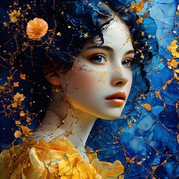 une femme aux cheveux bleus et une fleur jaune dans ses cheveux