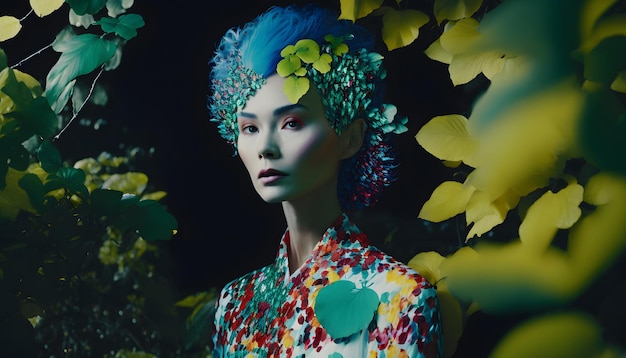 Une femme aux cheveux bleus et une fleur sur la tête se tient devant un fond de feuilles.