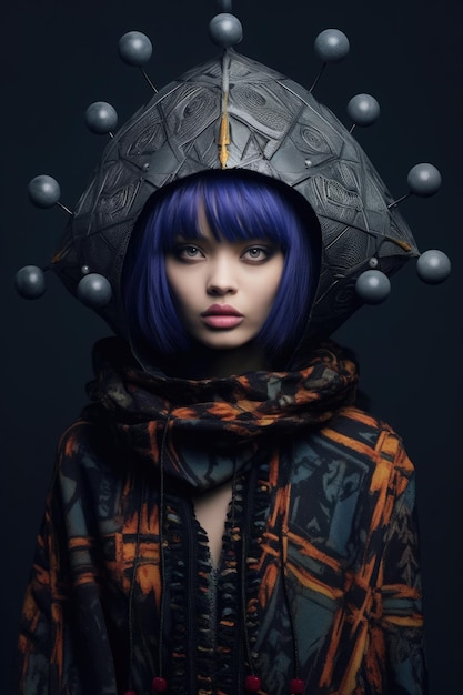 une femme aux cheveux bleus et un grand chapeau