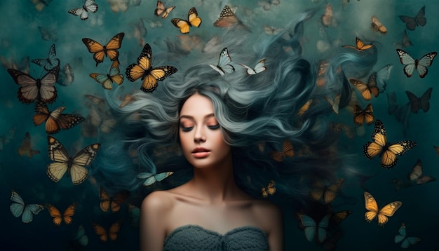 Photo une femme aux cheveux bleus et des papillons sur la tête