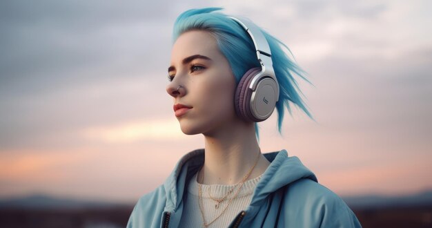 Une femme aux cheveux bleus portant des écouteurs et un sweat à capuche bleu se tient devant un coucher de soleil.