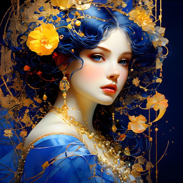 une femme aux cheveux bleus et une robe bleue avec des fleurs d'or